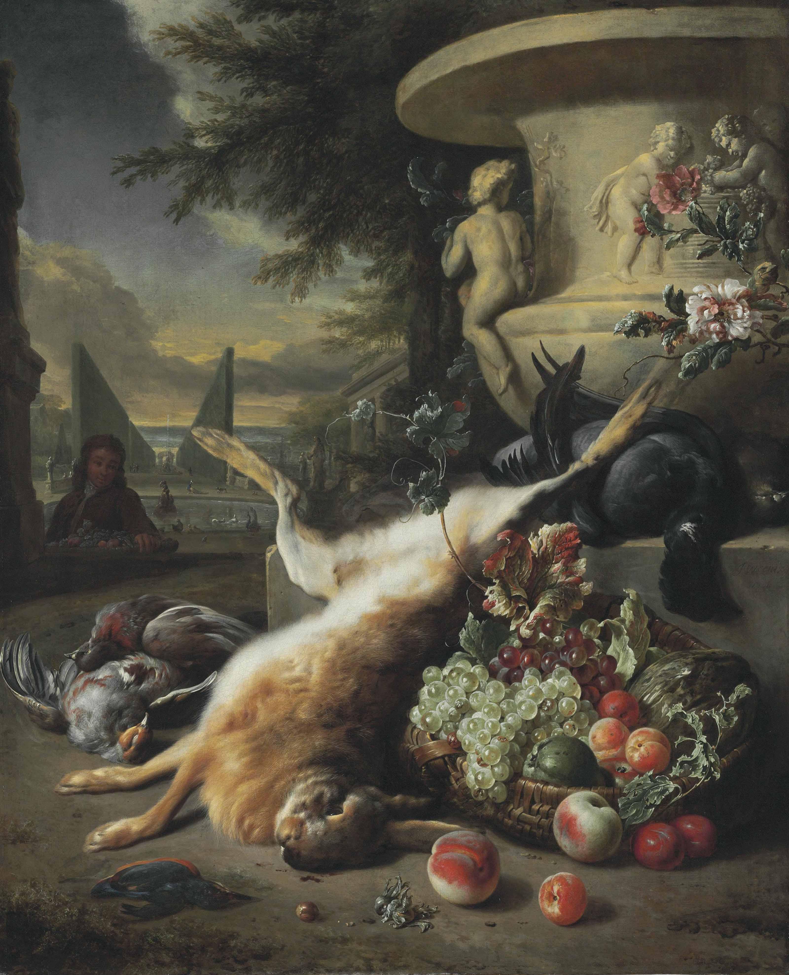 Jan Weenix - A grouse, kingfisher, and other game birds with a hare and a basket of fruit at the foot of a carved stone urn, an Italianate garden with a fountain beyond