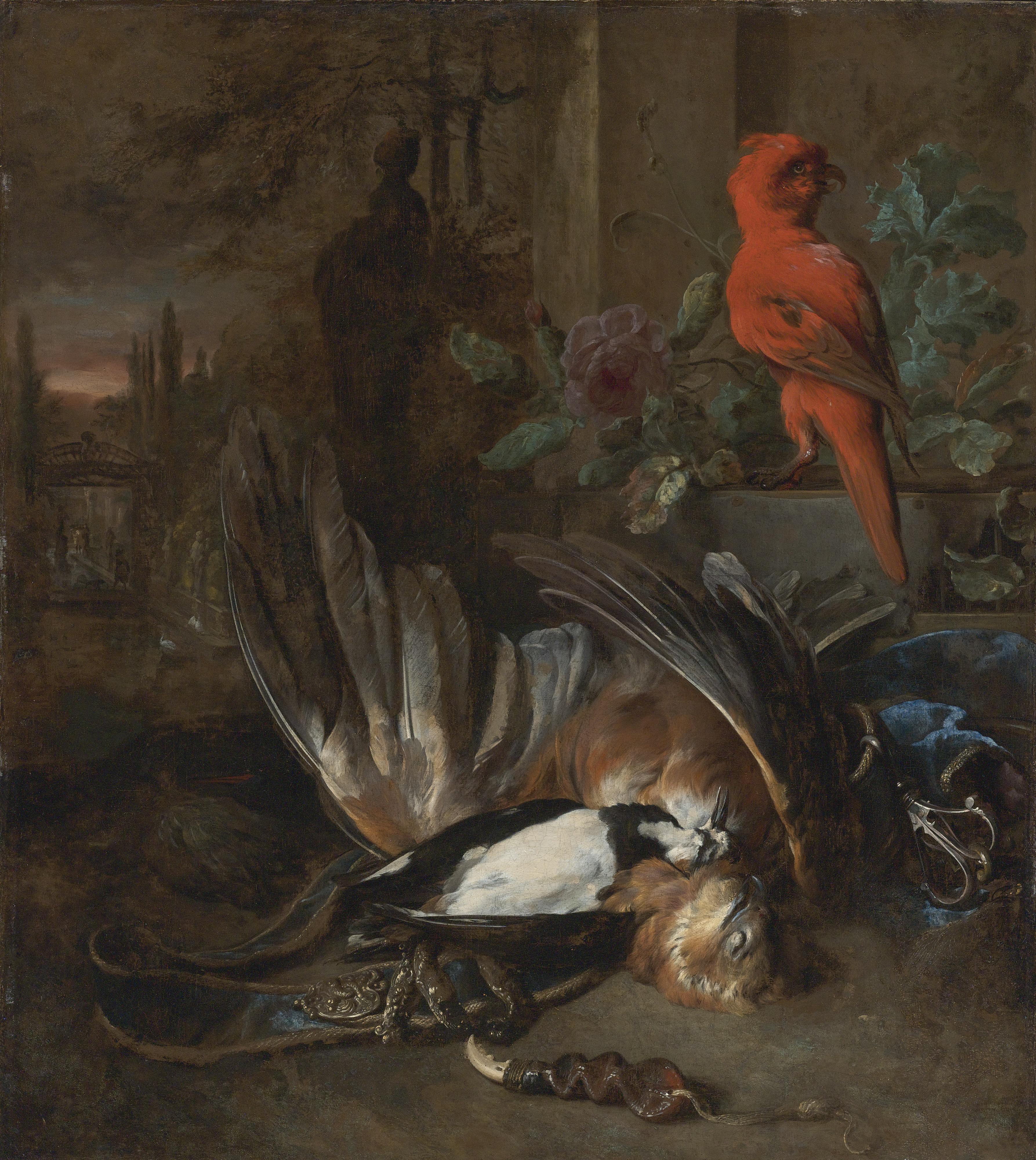 Jan Weenix - A Hunting Still Life With An Eagle And A Woodpecker Together With Hunting Paraphernalia And A Red Parrot, In A Landscape