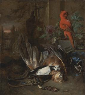 Jan Weenix - A Hunting Still Life With An Eagle And A Woodpecker Together With Hunting Paraphernalia And A Red Parrot, In A Landscape