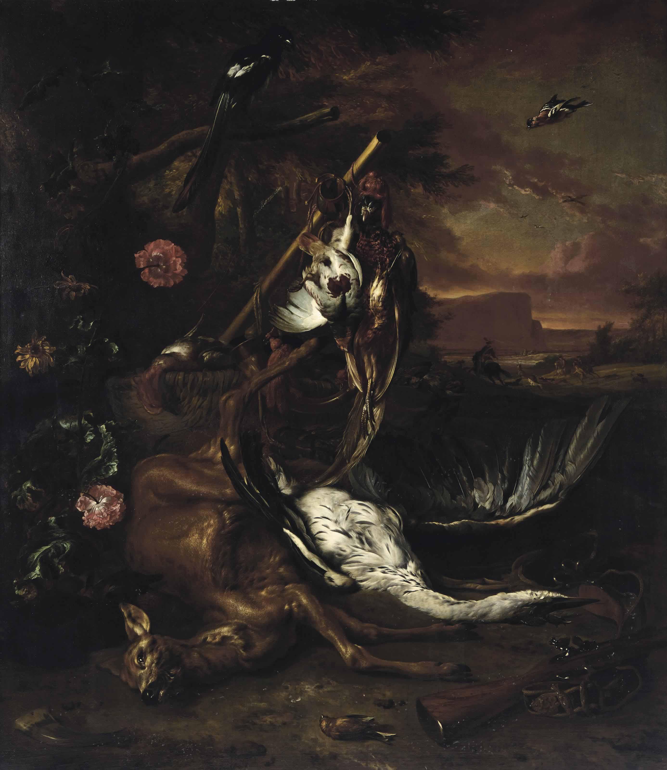 Jan Weenix - A Landscape With A Deer, A Heron, A Partridge, A Pheasant, A Magpie And Other Game Next To A Hunting Rifle, A Deer Hunting Scene Beyond