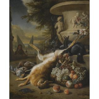 Jan Weenix - A Still Life Of Game Birds, Grouse, A Hare And A Kingfisher, With A Basket Of Fruit At The Foot Of A Stone Urn, An Ornamental Garden With A Fountain Beyond