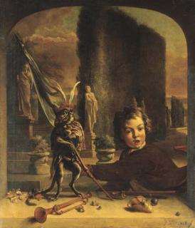 Jan Weenix - A trompe l\'oeil casement with a boy and a monkey, a formal Italianate garden beyond