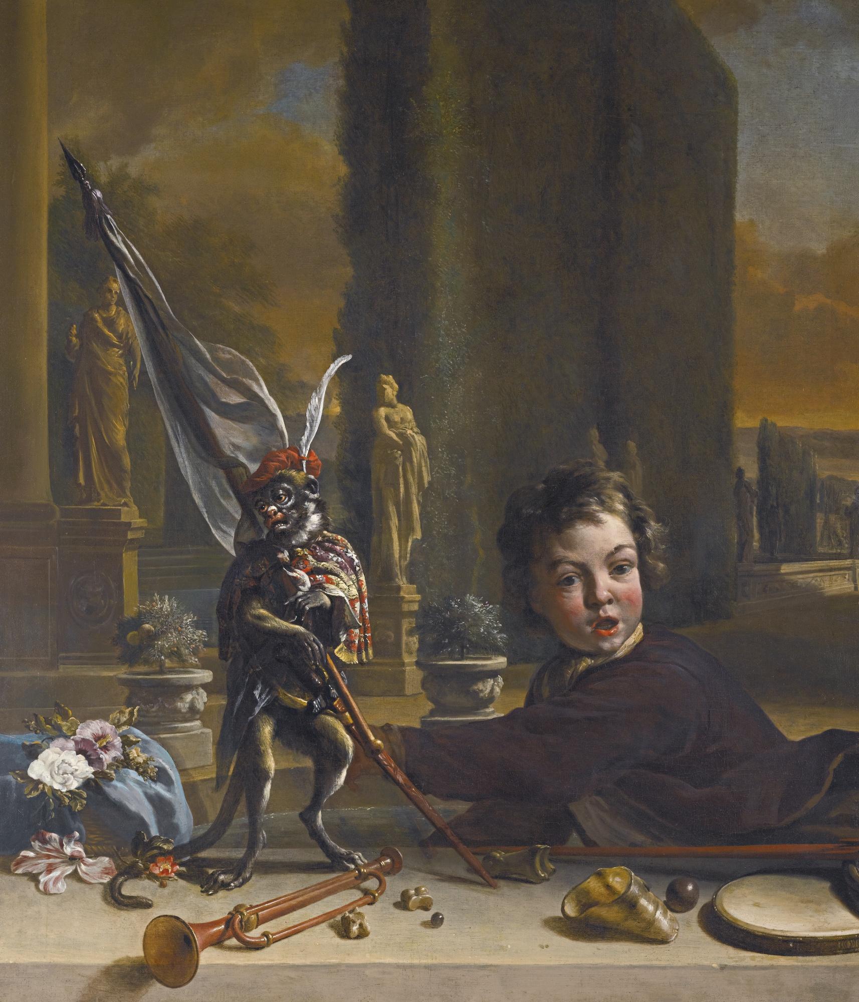 Jan Weenix - A Trompe L\'Oeil With A Boy And A Monkey, A Formal Italianate Garden Beyond