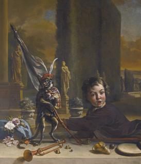 Jan Weenix - A Trompe L\'Oeil With A Boy And A Monkey, A Formal Italianate Garden Beyond