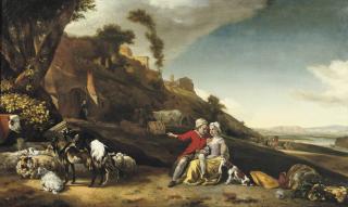 Jan Weenix - A young couple in an Italianate landscape