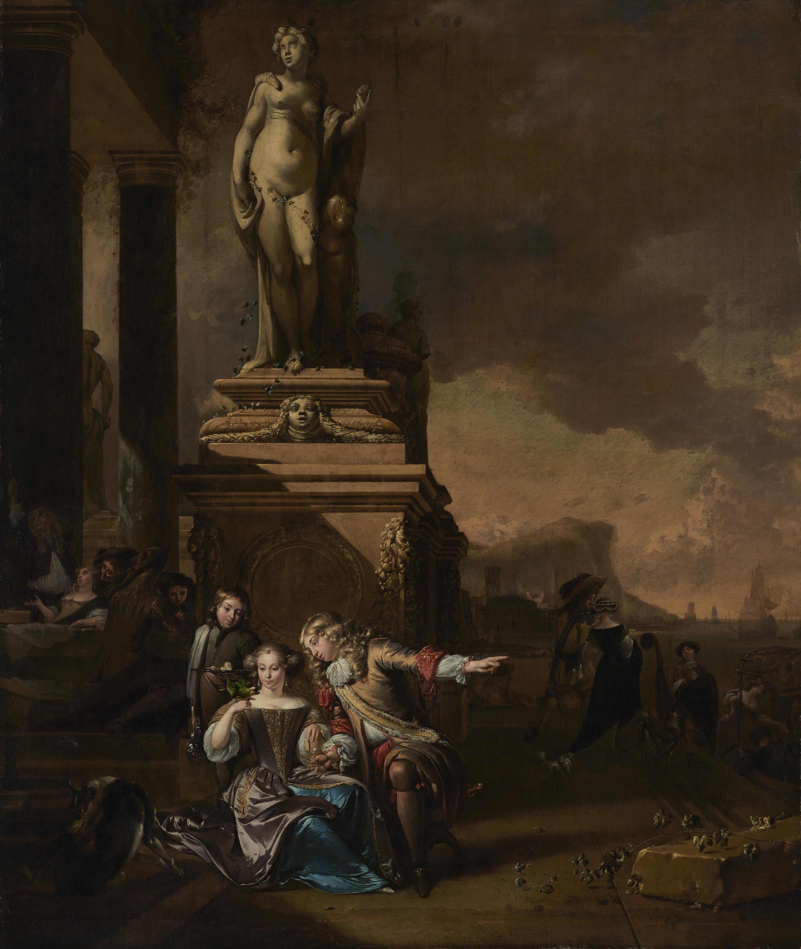 Jan Weenix - A young gentleman courting an elegant lady beneath a statue of Venus on a quay, with figures merrymaking and boarding a ferry beyond