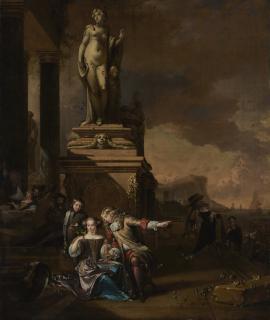 Jan Weenix - A young gentleman courting an elegant lady beneath a statue of Venus on a quay, with figures merrymaking and boarding a ferry beyond