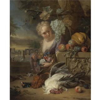 Jan Weenix - A Young Woman Kneeling And Holding Flowers In A Park Landscape, With Game And Fruit Resting On A Carved Stone Frieze