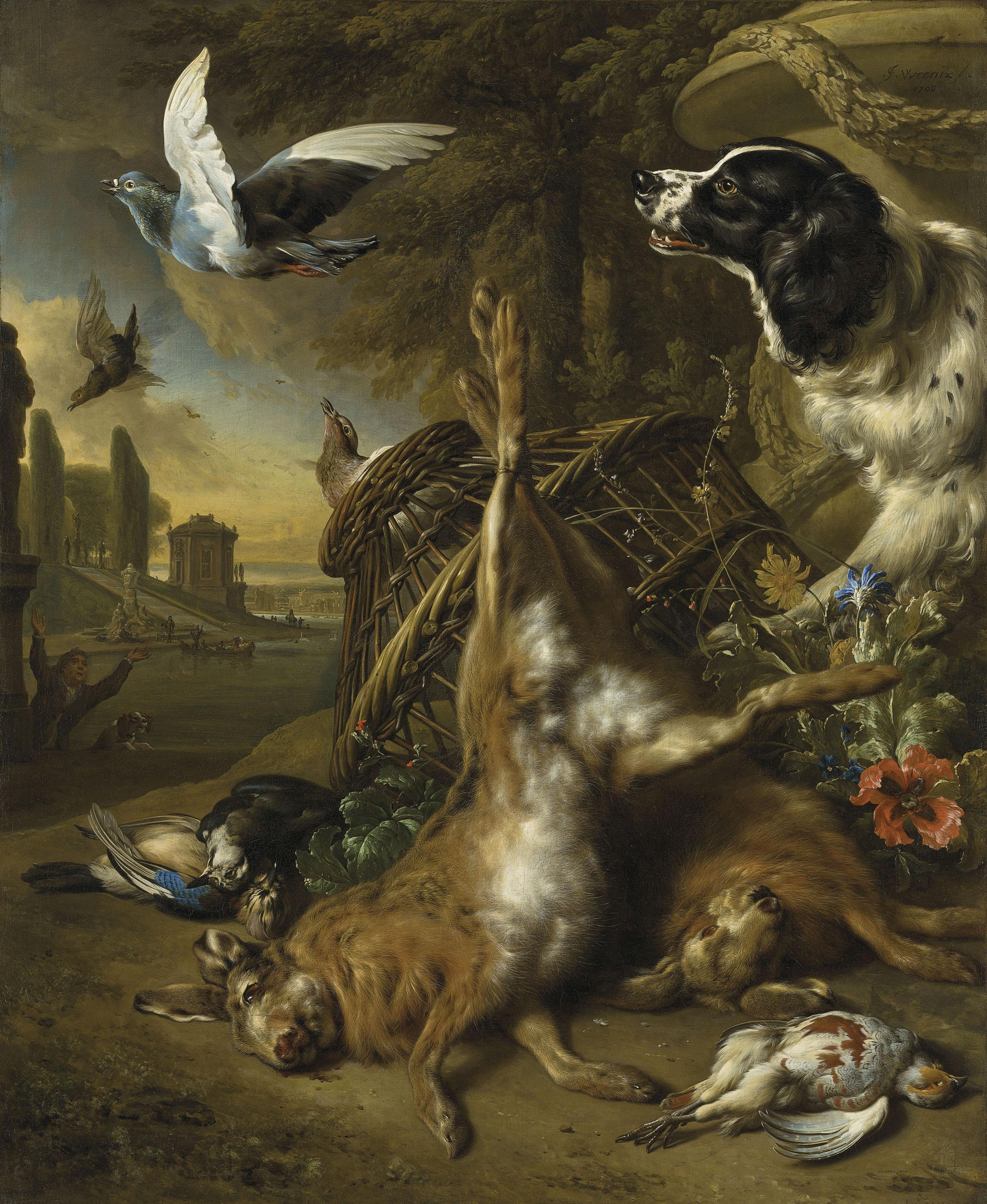 Jan Weenix - Dead hares, jackdaws and a partridge with a spaniel upsetting a basket of pigeons, a lake and formal garden beyond