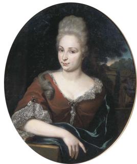 Jan Weenix - Portrait of A Lady, Half-Length, In A Red Dress And Lace Chemise, A Park Beyond