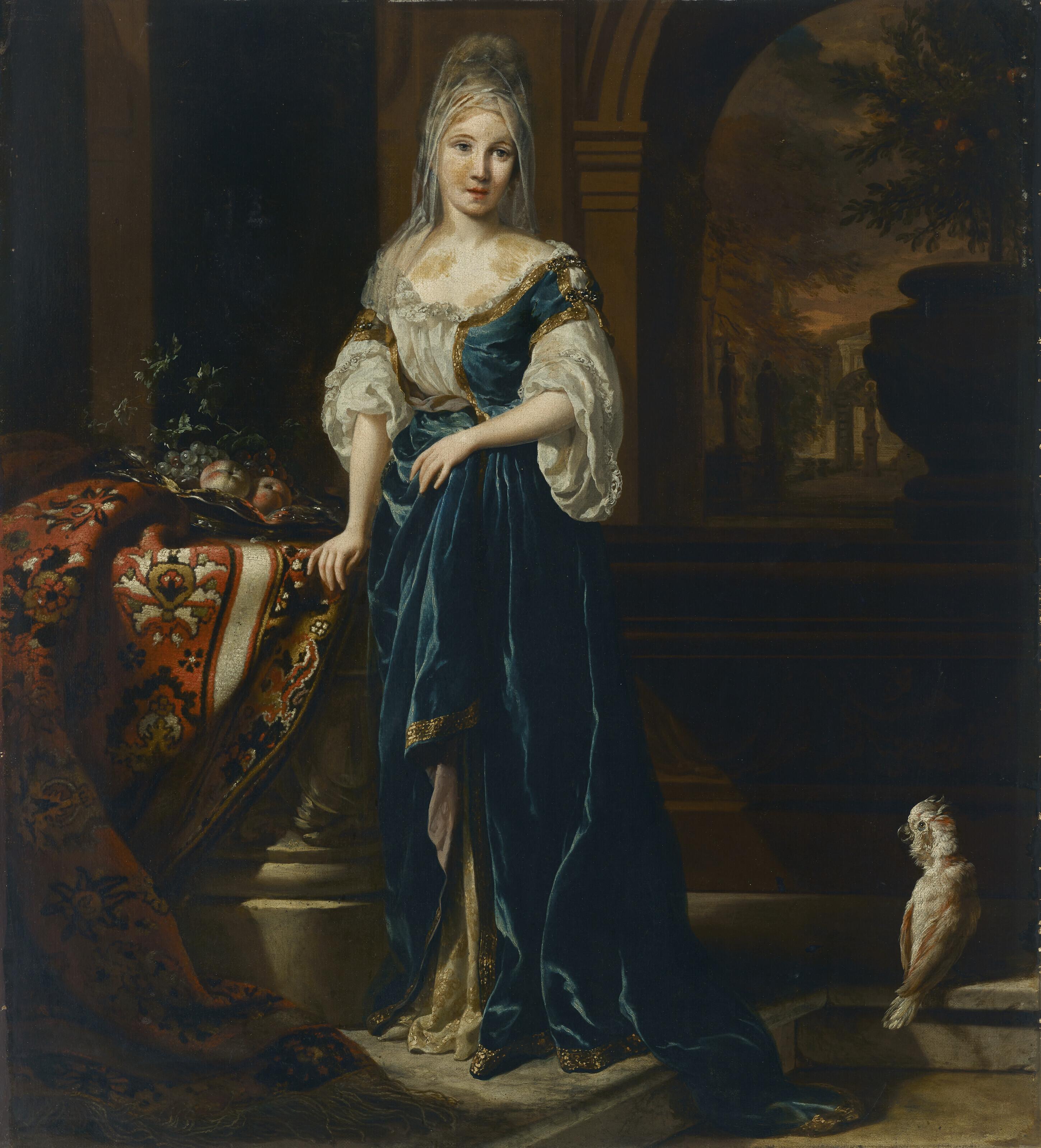 Jan Weenix - Portrait of an elegantly dressed young woman in an interior, full-length, her right hand resting on a stone ledge with an Oriental carpet and a bowl of fruit, with a white cockatoo and a garden beyond