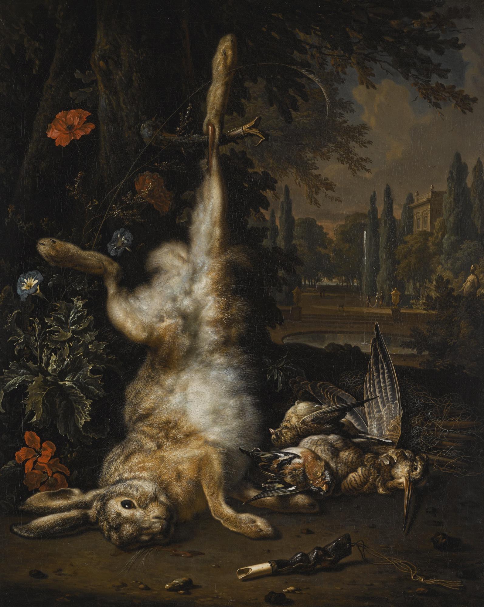 Jan Weenix - Still Life Of Game With A Hare, Snipe And Other Small Birds, A Park Landscape Beyond