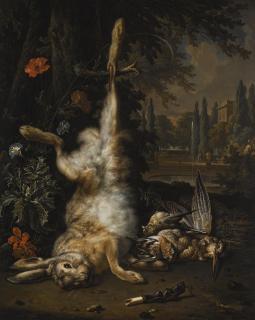 Jan Weenix - Still Life Of Game With A Hare, Snipe And Other Small Birds, A Park Landscape Beyond