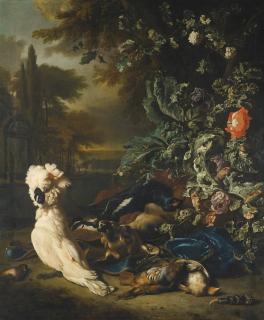 Jan Weenix - Still Life Of Gamebirds, A Stag, Hunting Paraphanalia And Flowers, With A White Cockatoo, In A Landscape Setting