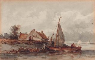 Jan Weissenbruch - A moored sailingvessel by a cottage in a river landscape