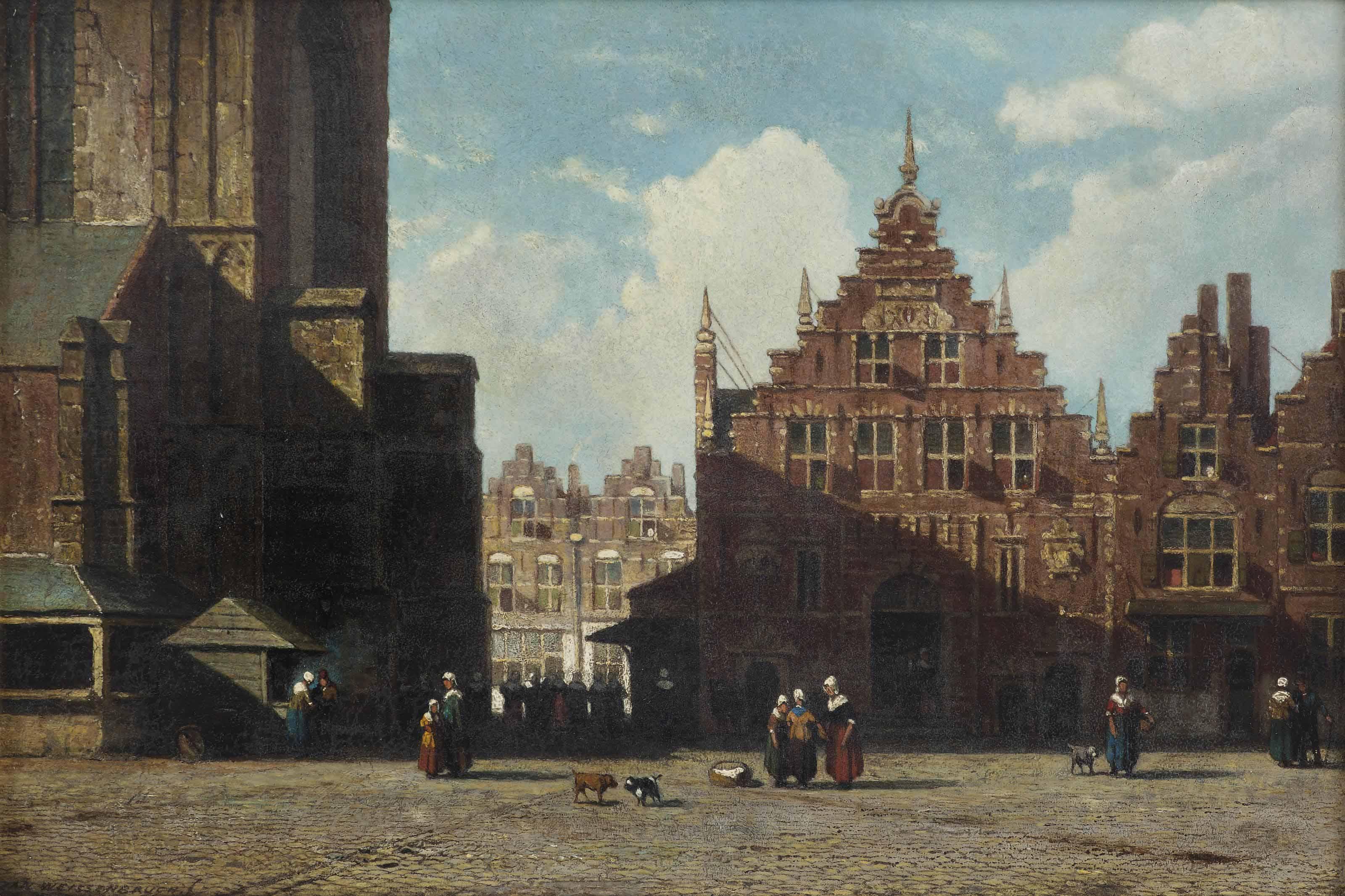 Jan Weissenbruch - A sunlit view of the Grote Markt with the St. Bavo church and the Vleeshal, Haarlem