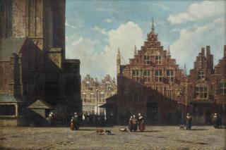 Jan Weissenbruch - A sunlit view of the Grote Markt with the St. Bavo church and the Vleeshal, Haarlem