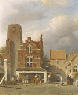Jan Weissenbruch - De markt te Woudrichem met de Hoftoren: figures on a market square