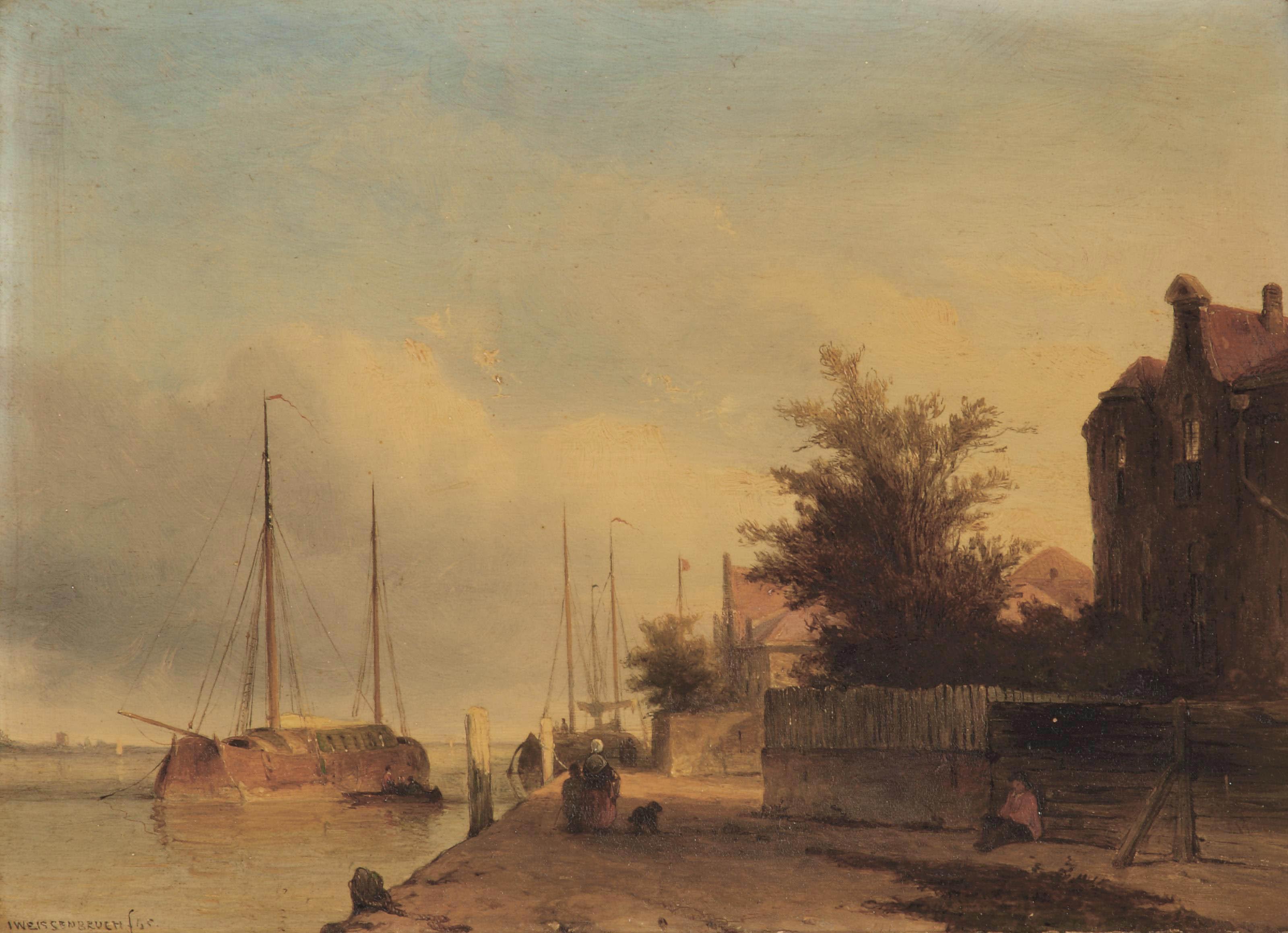 Jan Weissenbruch - Figures on a quayside in a Dutch town