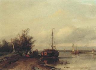 Jan Weissenbruch - Figures resting on a riverbank by a moored sailing vessel
