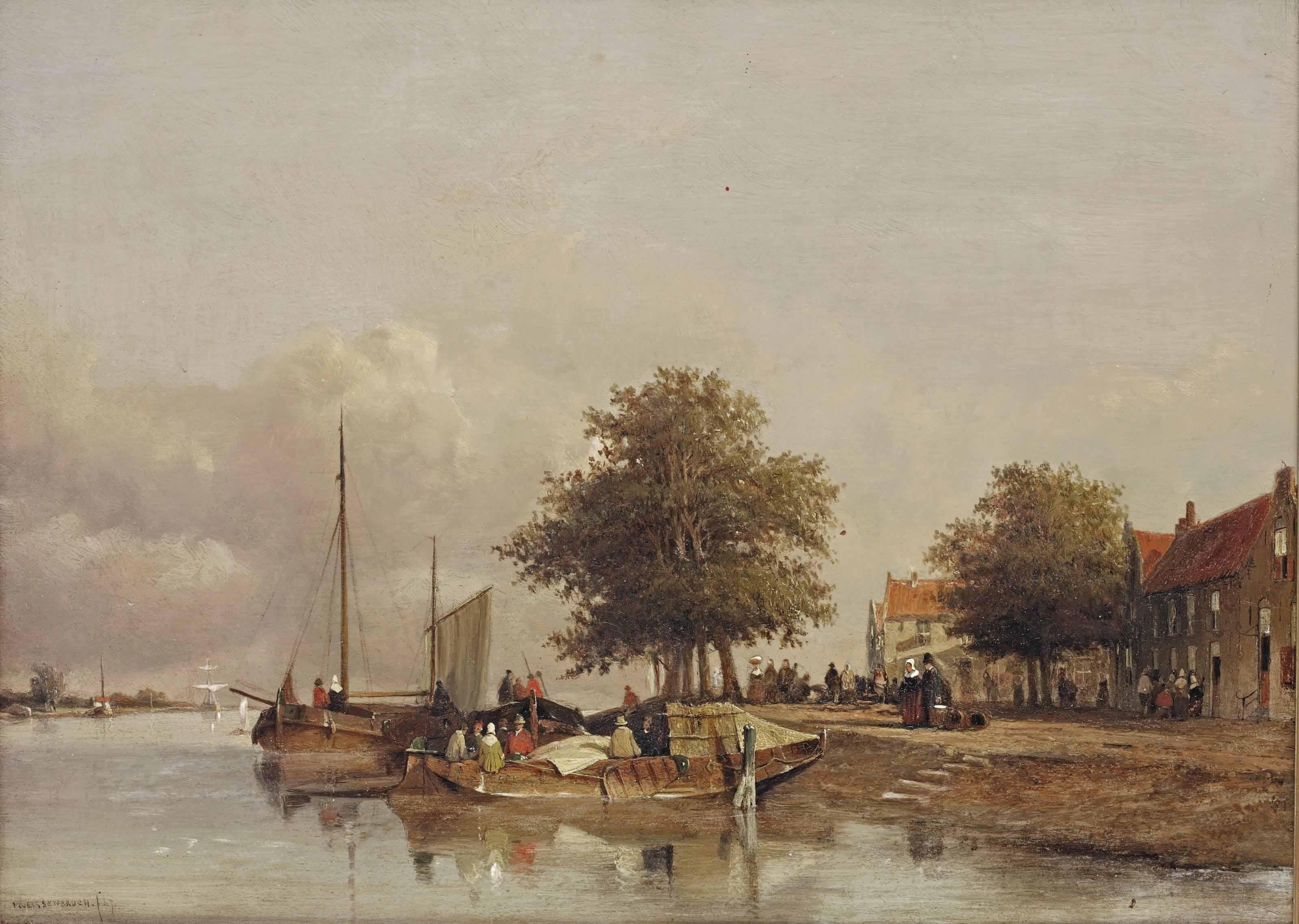 Jan Weissenbruch - Townfolks on a quay in Wijk bij Duurstede