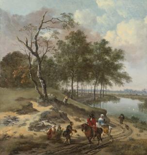 Jan Wijnants Johannes Lingelbach Haarlem 1632 - 1684 Amsterdam Frankfurt-Am-Main 1622 - 1674 Amsterdam - A River Landscape With Elegant Travelers And A Beggar In A Dune Landscape