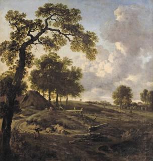 Jan Wijnants - A Dune Landscape With Figures On A Winding Path, Cottages Beyond