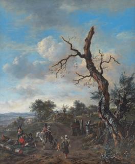 Jan Wijnants - A hunting party resting in a landscape before a blasted tree