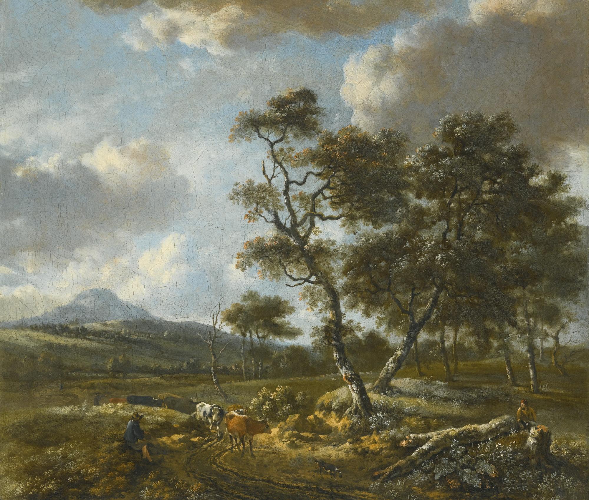 Jan Wijnants - A Landscape With Cattle Being Driven Along A Country Road, A Single Peak In The Distance