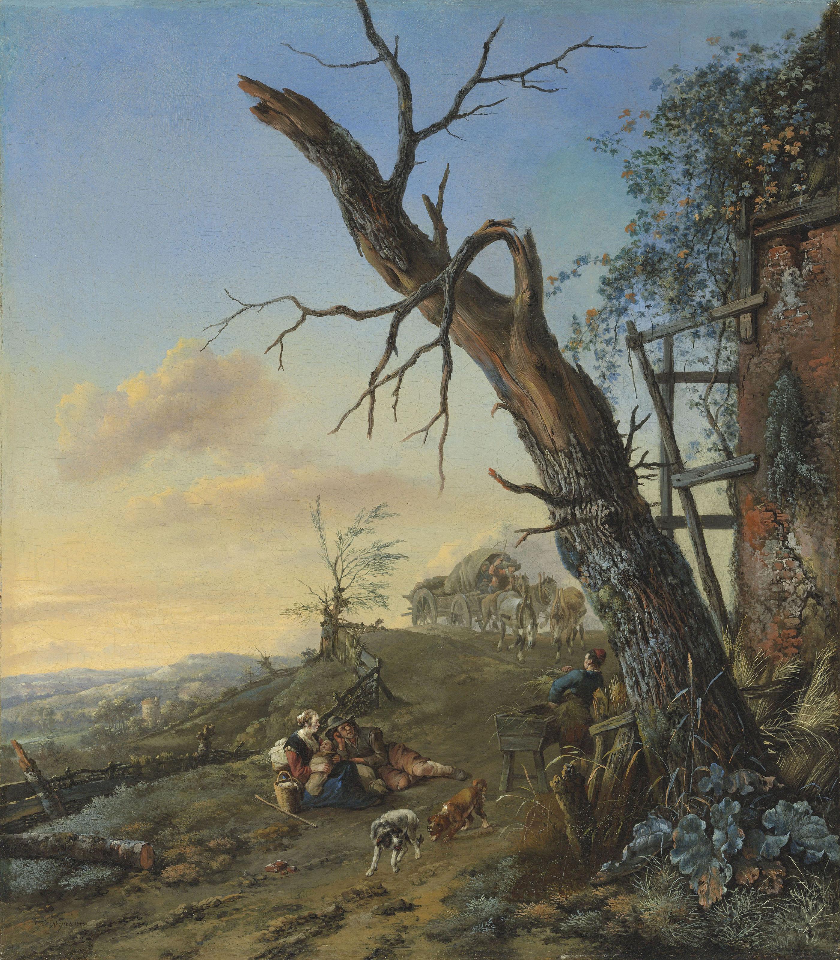 Jan Wijnants - A landscape with peasants resting by the wayside beneath a blasted tree
