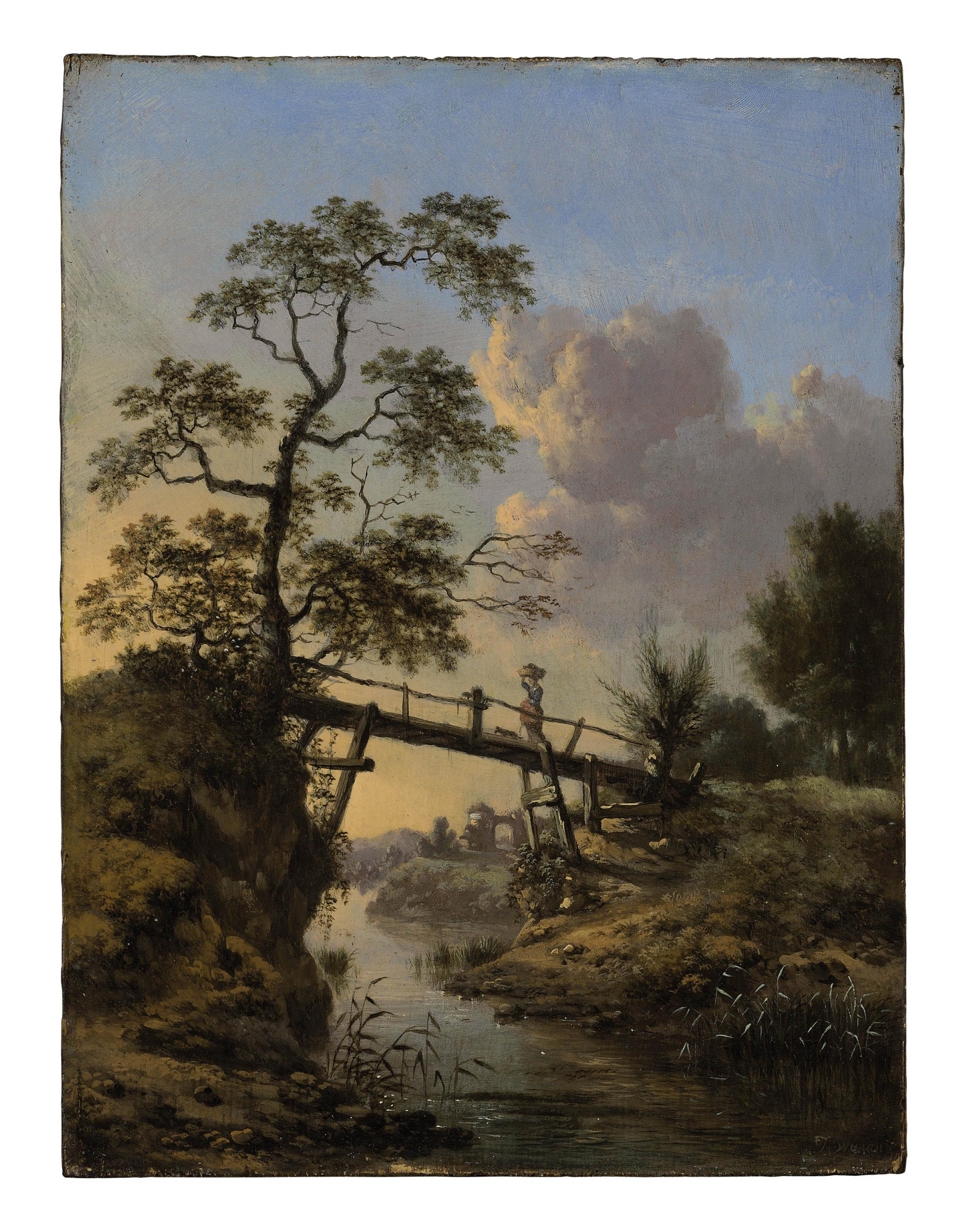 Jan Wijnants - A stream with a peasant woman crossing a footbridge