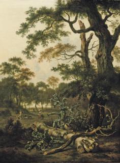 Jan Wijnants - A wooded landscape with a fallen tree trunk, thistle and figures beyond