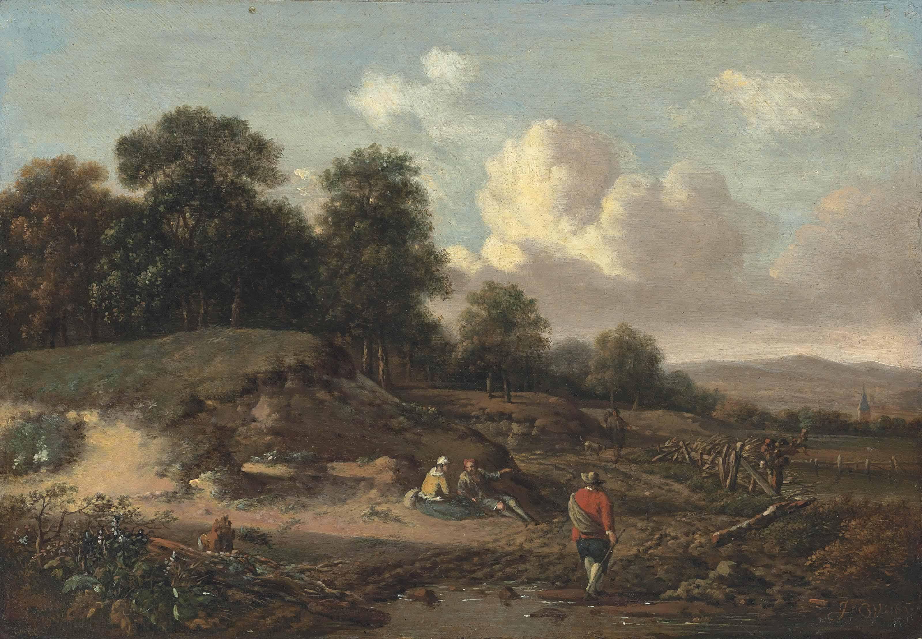 Jan Wijnants - A Wooded River Landscape With Figures Resting By A Sandbank, A Traveller And A Dog On A Path, A Church Beyond
