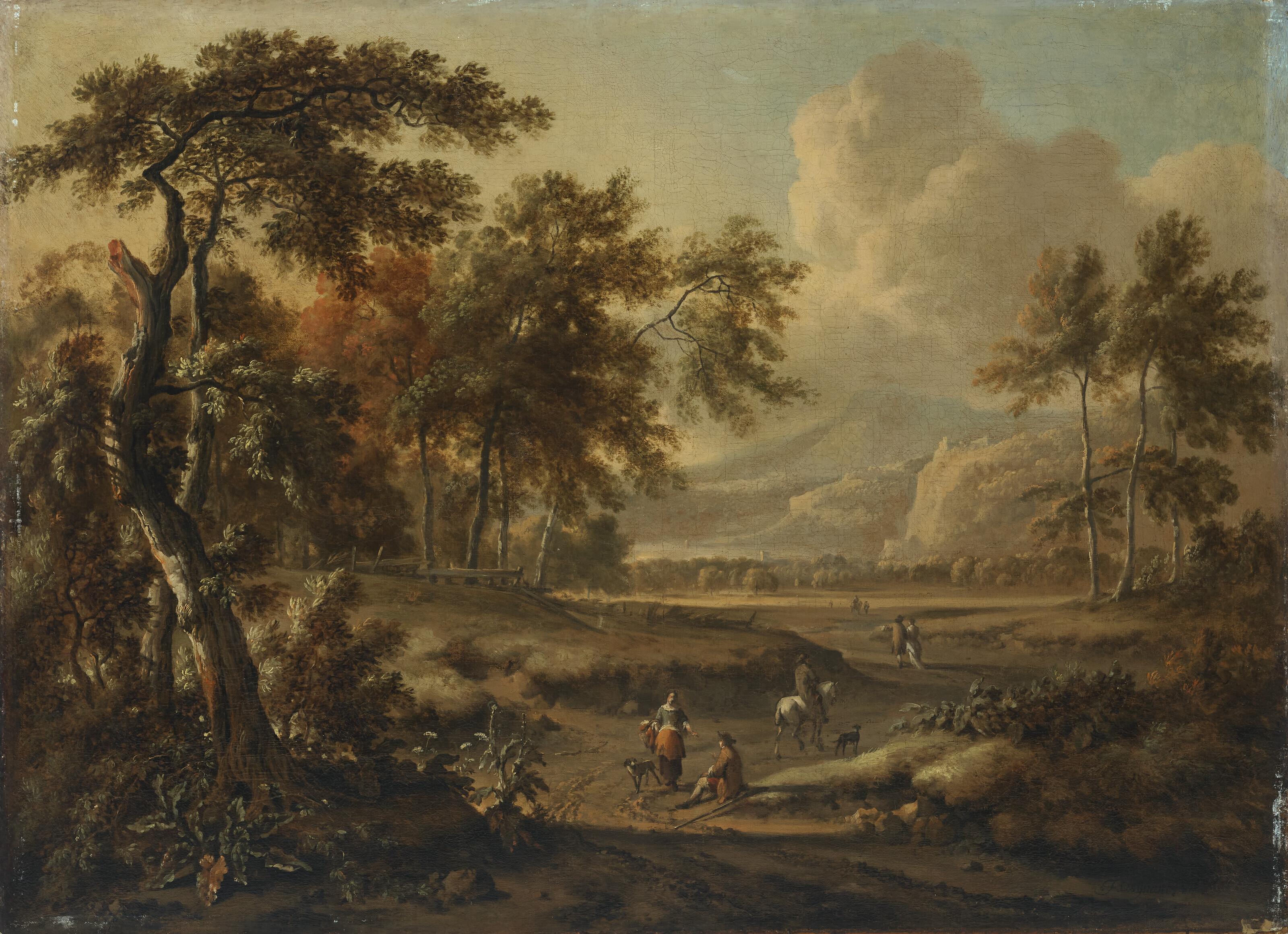 Jan Wijnants - An extensive landscape with figures on a path in the foreground