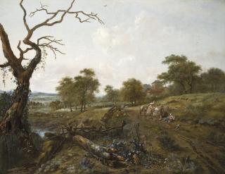 Jan Wijnants - An extensive pastoral landscape with travellers on a path, a boy by a stream and herdsmen watching cattle, a hayfield beyond