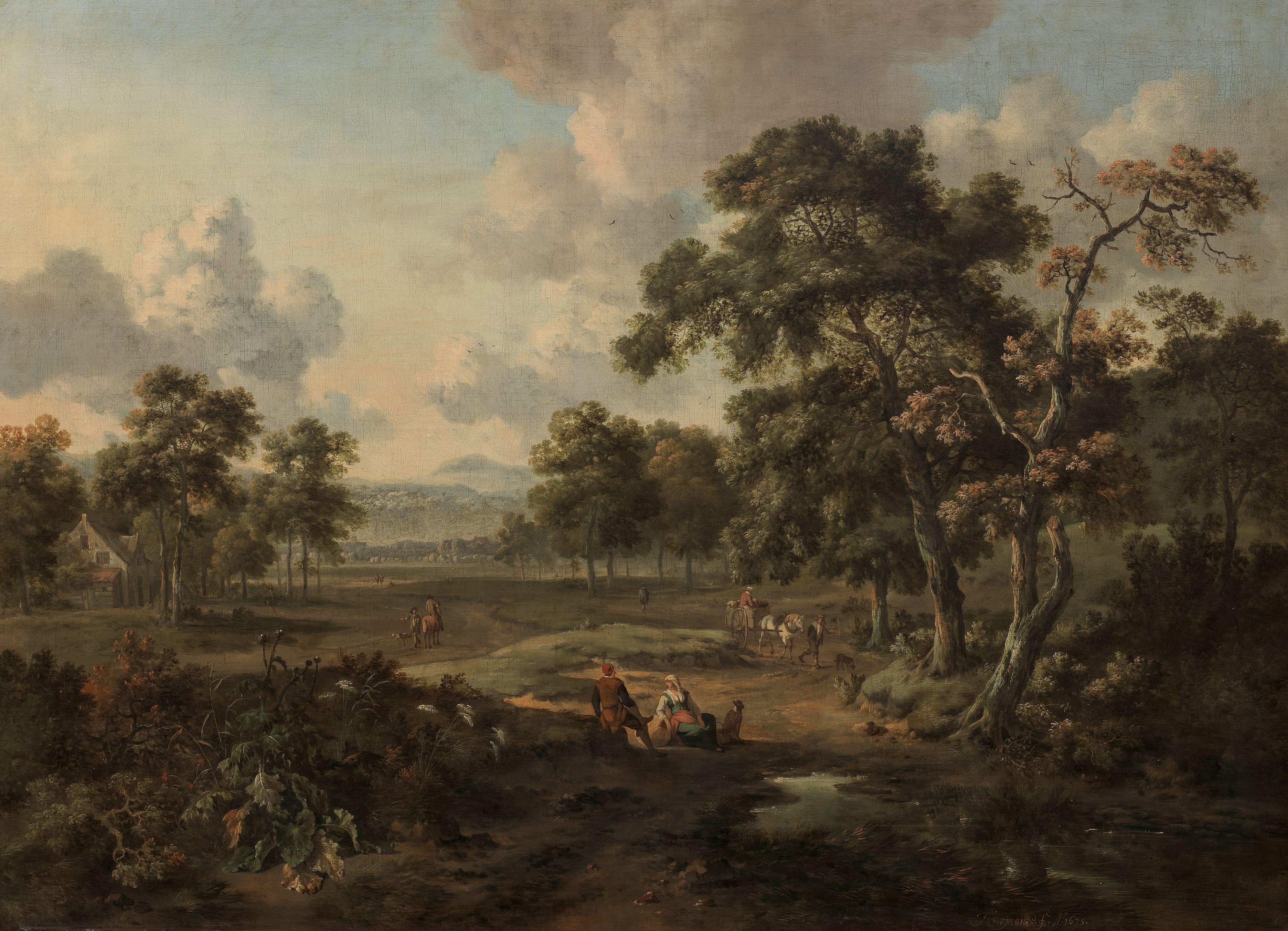 Jan Wijnants - An extensive wooded landscape with travellers on a path