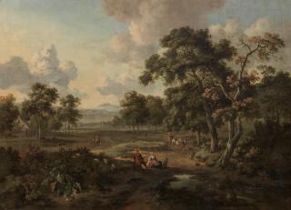 Jan Wijnants - An extensive wooded landscape with travellers on a path