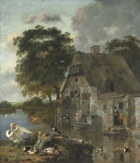 Jan Wijnants - Cygnes, canards et autres oiseaux devant une chaumière au bord de l\'eau