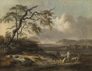 Jan Wijnants - Dune Landscape With Hunters In The Foreground, A Lake And Mountains Beyond