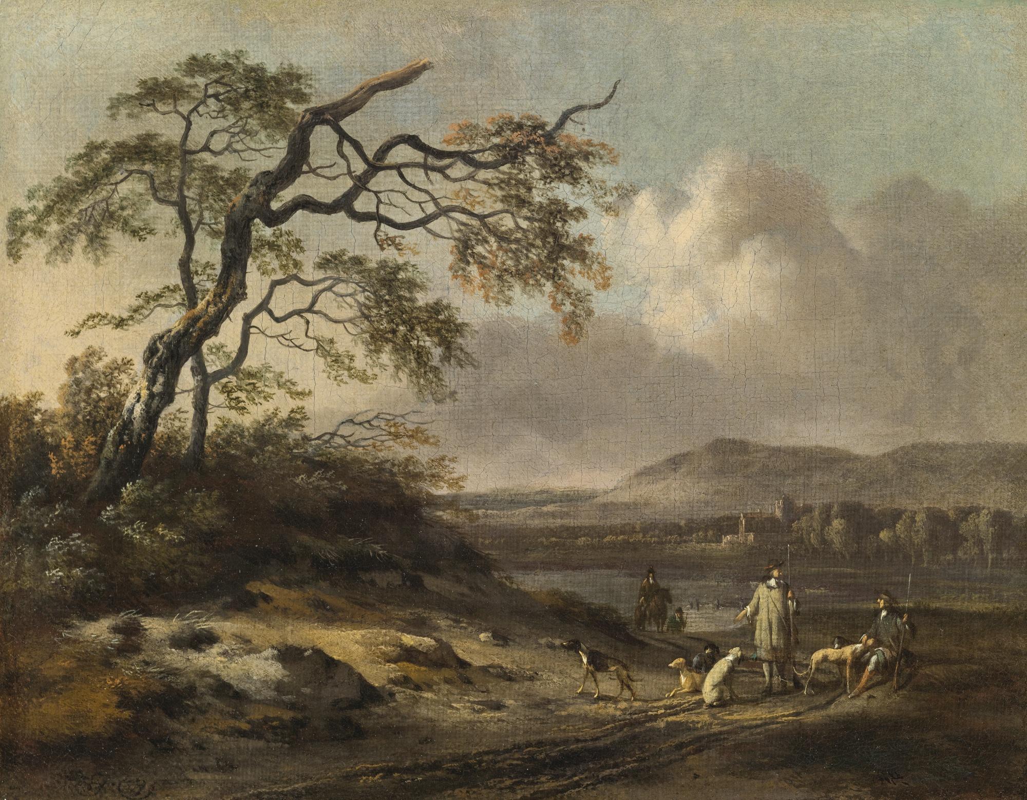 Jan Wijnants - Dune Landscape With Hunters In The Foreground, A Lake And Mountains Beyond
