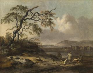 Jan Wijnants - Dune Landscape With Hunters In The Foreground, A Lake And Mountains Beyond