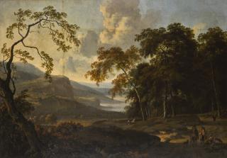 Jan Wijnants - Wooded Landscape With Travellers Resting On A Path, A Distant River Landscape Beyond