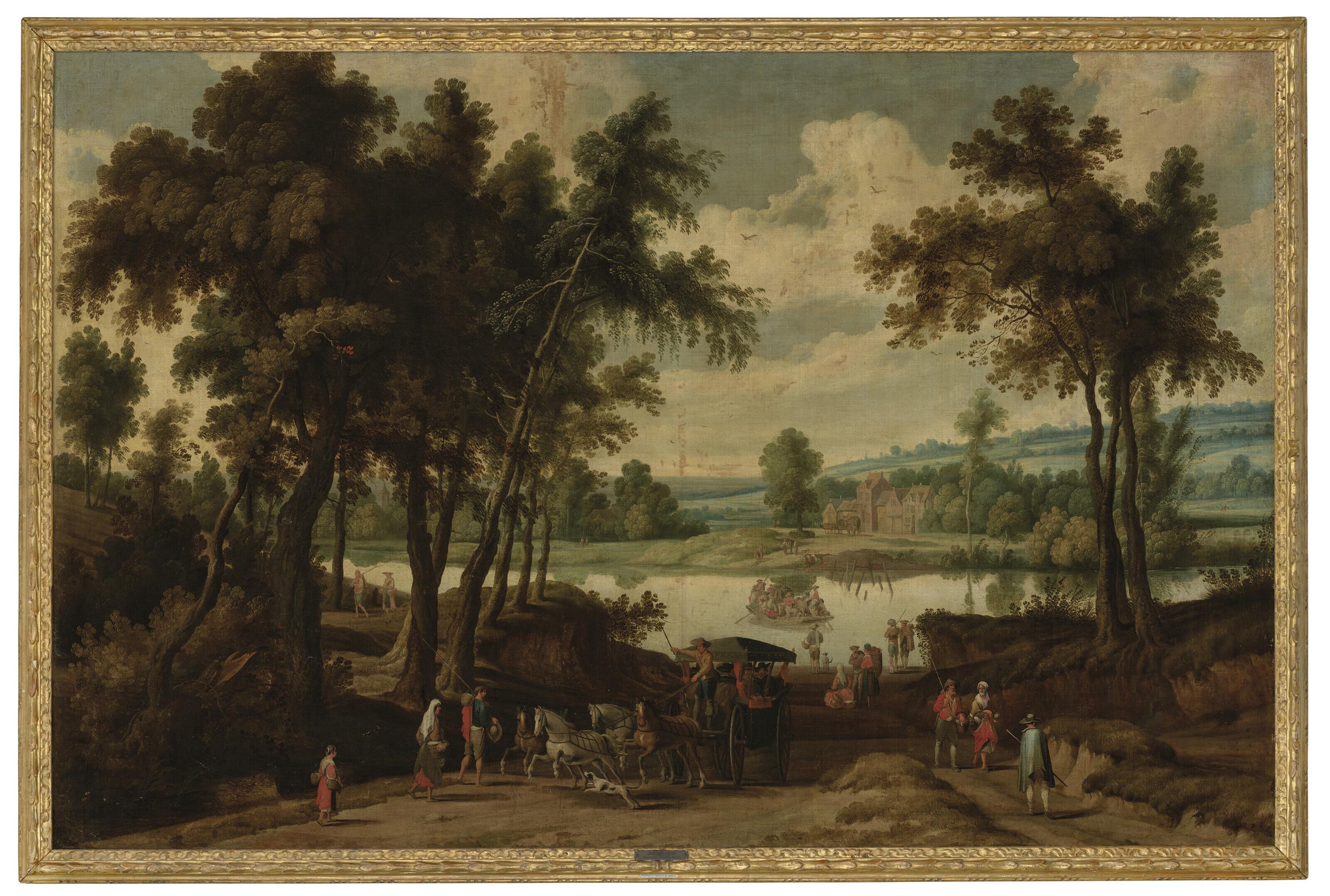Jan Wildens - River landscape with a carriage transporting passengers and a ferry crossing
