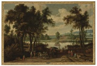 Jan Wildens - River landscape with a carriage transporting passengers and a ferry crossing