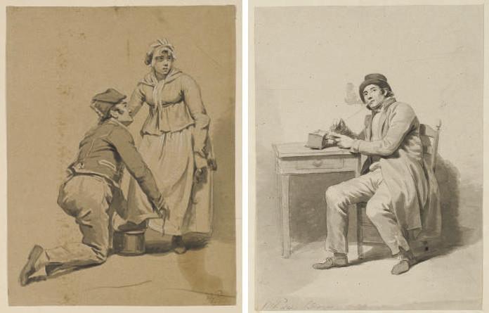 Jan Willem Pieneman - Ensemble de trente-huit dessins dans un portfolio relié en cuir, représentant des études d\'enfants, des paysans au travail et des chevaux