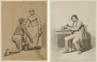 Jan Willem Pieneman - Ensemble de trente-huit dessins dans un portfolio relié en cuir, représentant des études d\'enfants, des paysans au travail et des chevaux