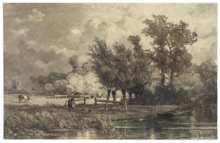 Jan Willem Van Borselen - A farm scene with a woman and child feeding ducks by a stream