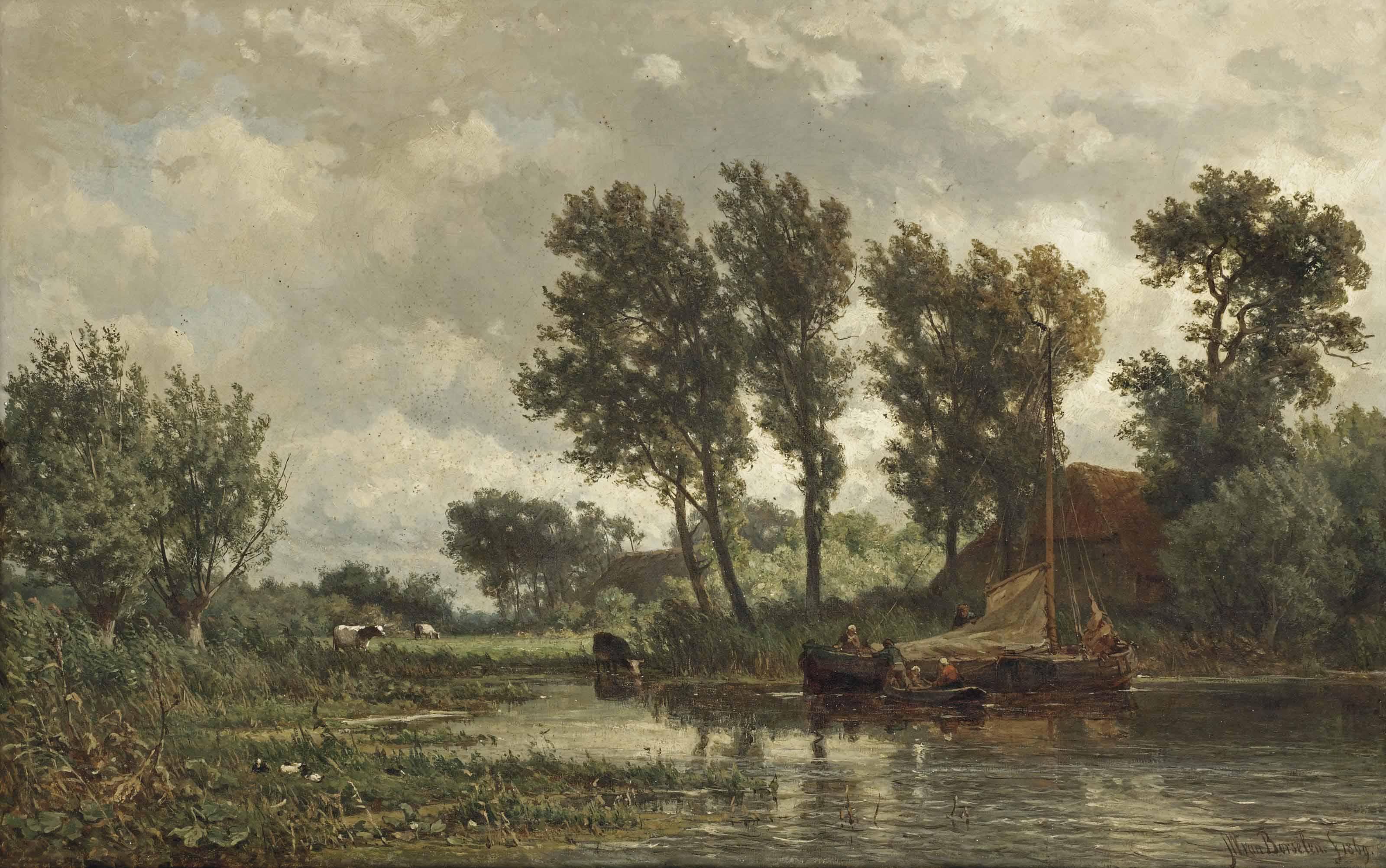 Jan Willem van Borselen - A polder landscape with a vessel near a farm