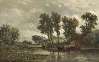 Jan Willem van Borselen - A polder landscape with a vessel near a farm