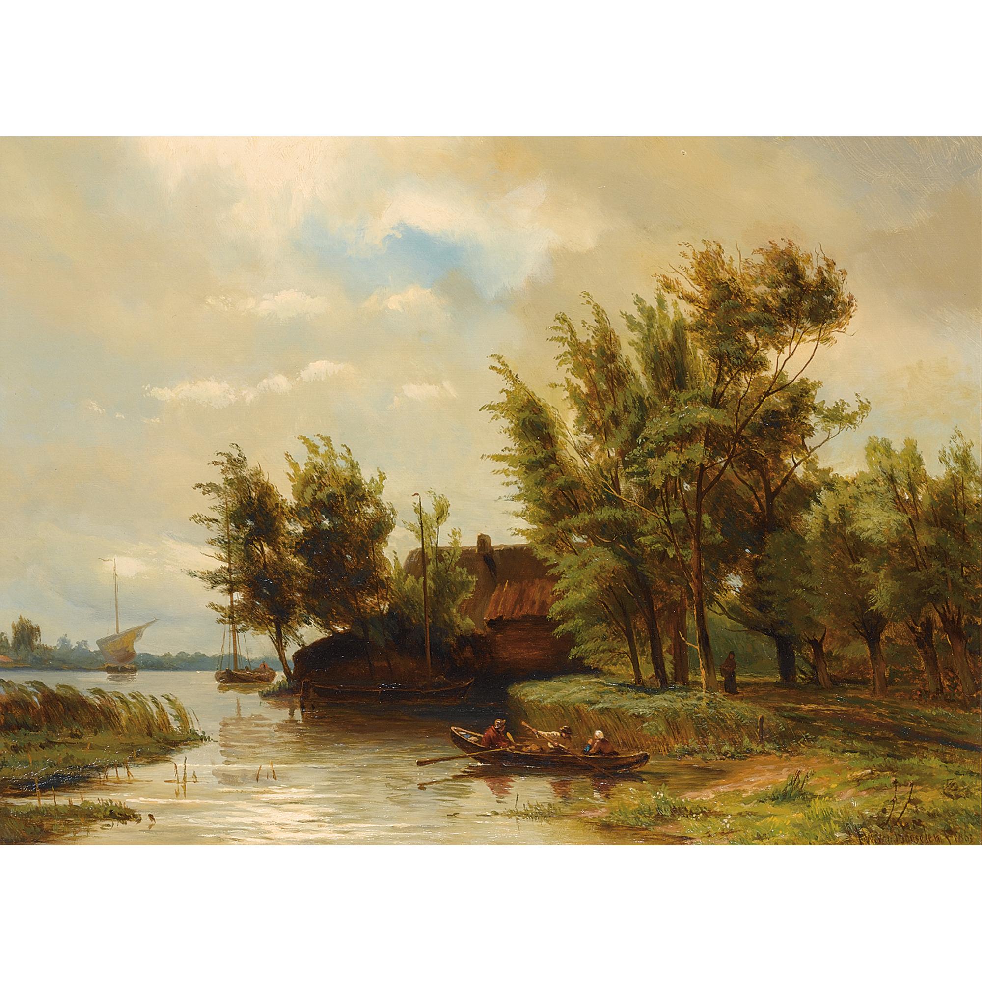 Jan Willem van Borselen - A Summer Landscape With Figures In A Boat 